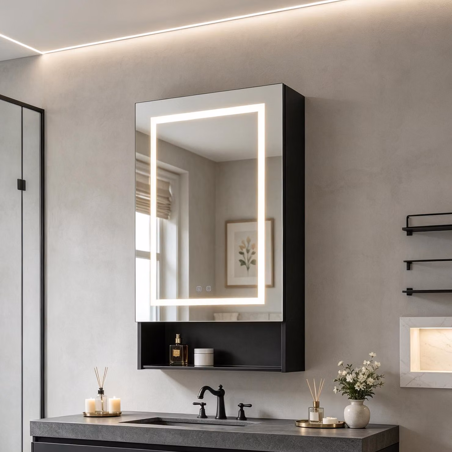INONEFT, mobiletto da bagno con specchio a LED, illuminazione a 3 colori, 50x16x88 cm, con 1 anta, ripiano in vetro e sistema antiappannamento, interruttore touch, colore nero