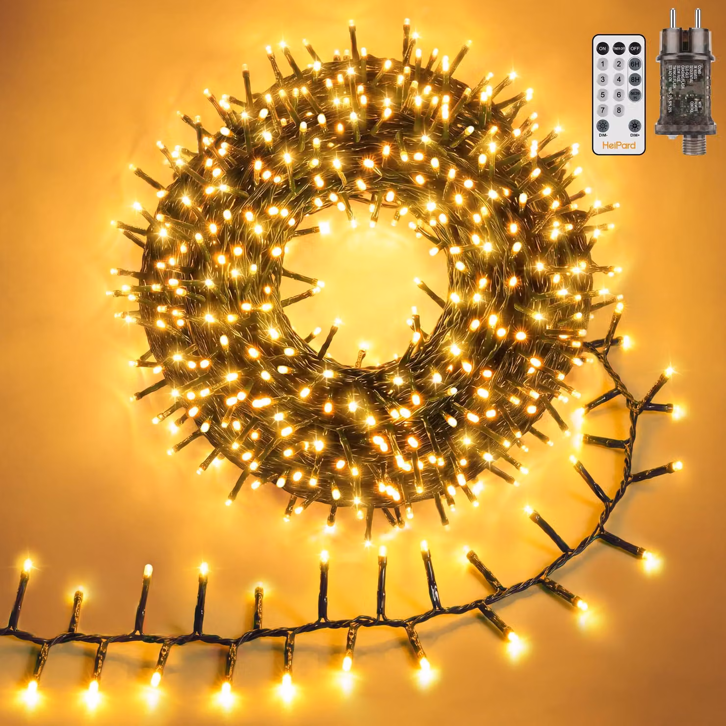 Catena luminosa a grappolo, 6 metri, luce bianco caldo, 600 LED, 8 modalità, con telecomando