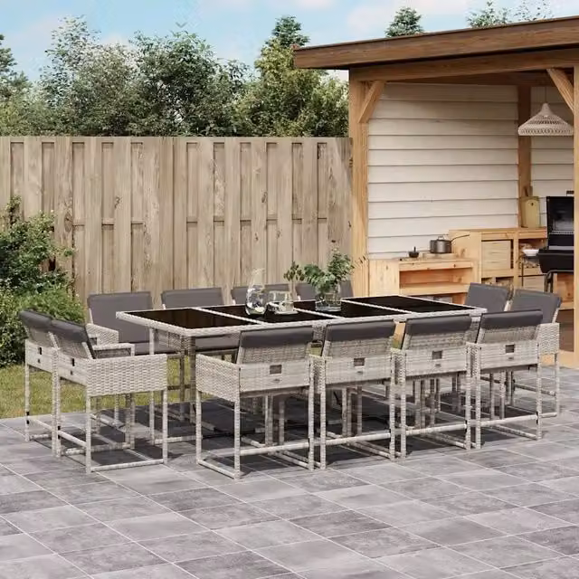 Set da Pranzo da Giardino 13pz con Cuscini Grigio in Polyrattan 3211403