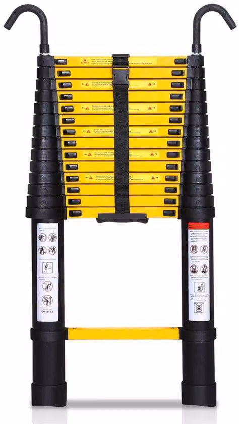 Scala telescopica con ganci, chiusura ammortizzata, altezza 3,8 m, multifunzionale, a un piano, nera, portata 150 kg