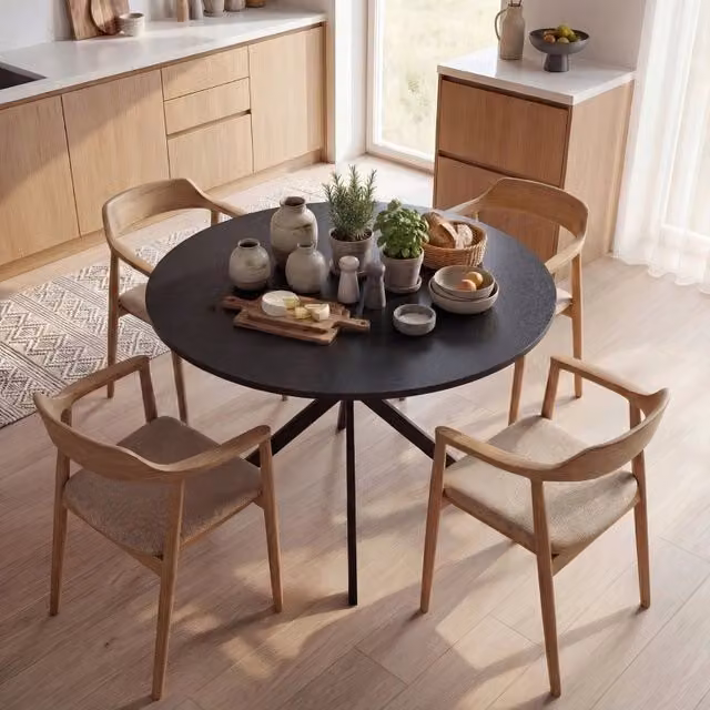 Desviae Tavolo da pranzo rotondo per 4 persone con gambe in acciaio a X regolabili piano in legno nero diametro 100 cm