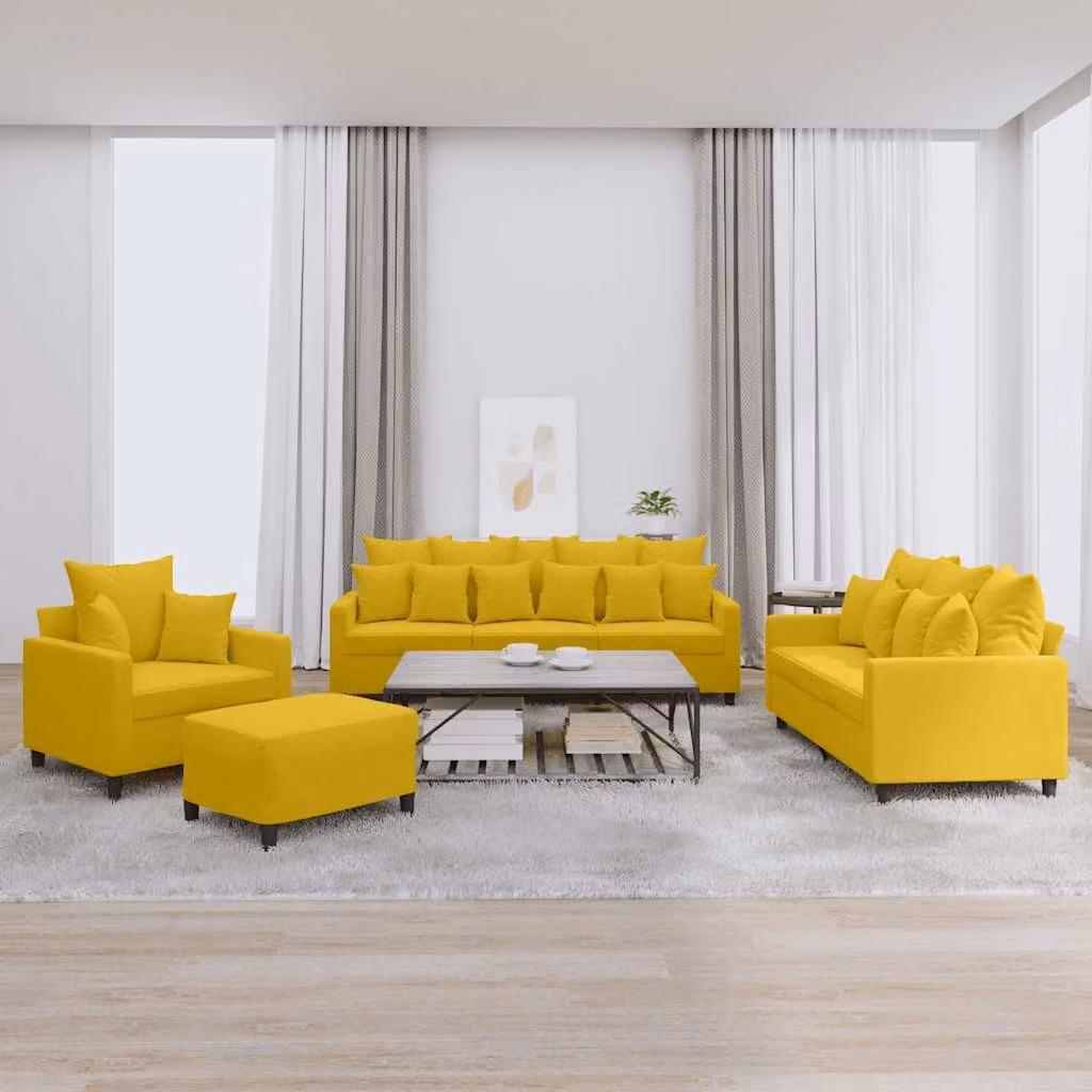 Set di divani vidaXL da 4 pezzi in velluto giallo con cuscini e pouf per soggiorno – 1