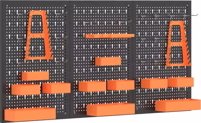 Organizzatore da parete per utensili HOMCOM in acciaio con 33 pezzi, ganci, contenitori e ripiani, L: 120 cm, H: 60 cm, Nero e Arancione