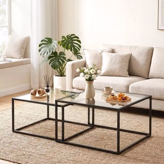 Set di 2 tavolini bassi neri impilabili 75x75x42 cm – vetro temperato e metallo