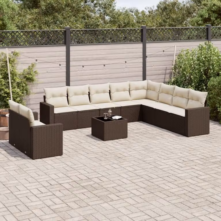 vidaXL Set Divani da Giardino 11 pz a Forma a U con Cuscini e Tavolino da Esterno Marrone e Bianco