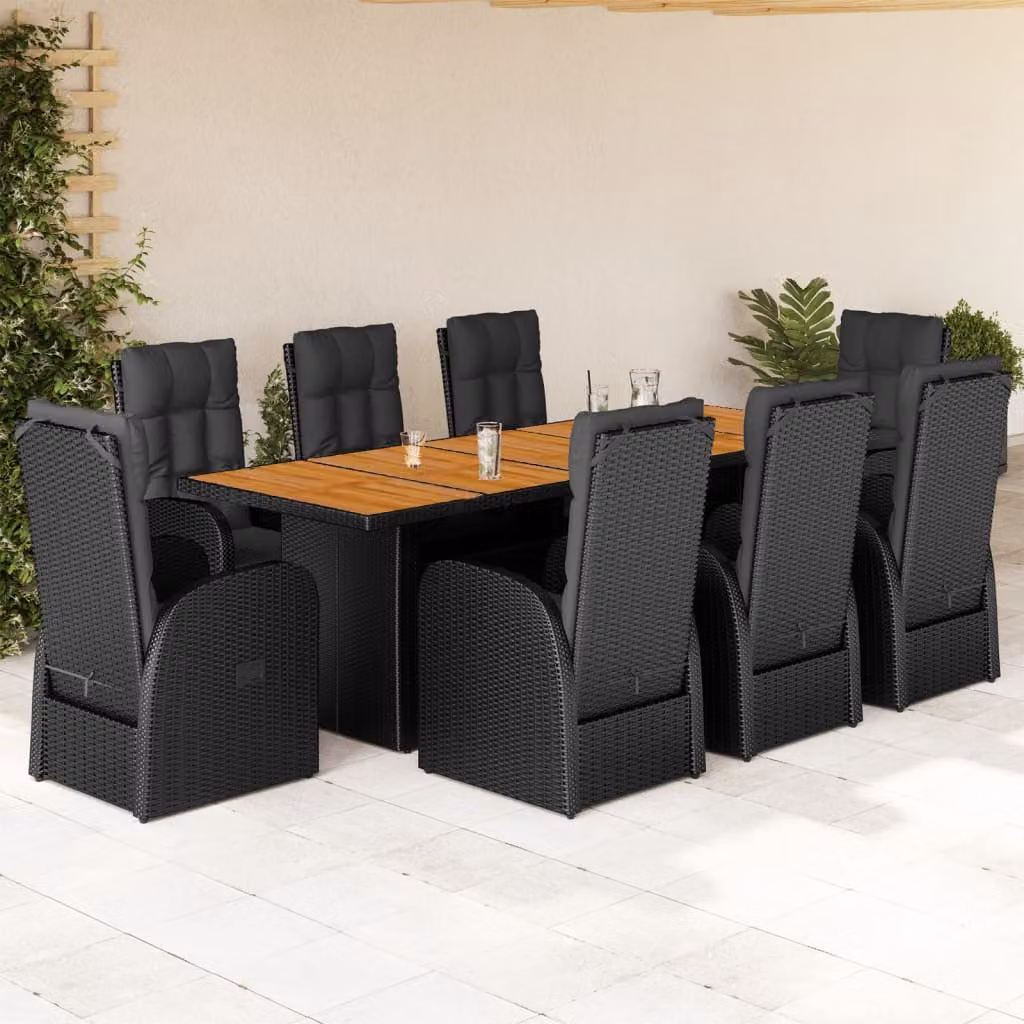 Set da Pranzo da Giardino vidaXL in Polyrattan e Legno di Acacia Nero con 9 Pezzi e Cuscini