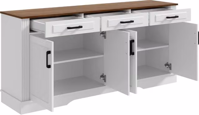 Madia moderna bianca con 4 ante a rilievo e 3 cassetti con ripiani interni per soggiorno, ingresso o sala da pranzo, L: 160 cm, P: 40 cm, H: 75 cm