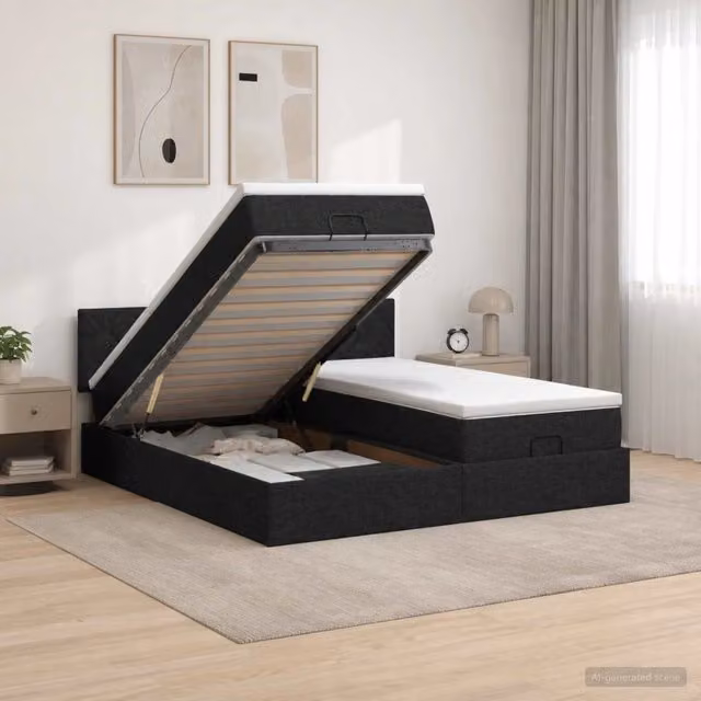 Letto ottomano con materasso e testiera vidaXL in tessuto nero L/P/H: 180 x 200 x 88 cm