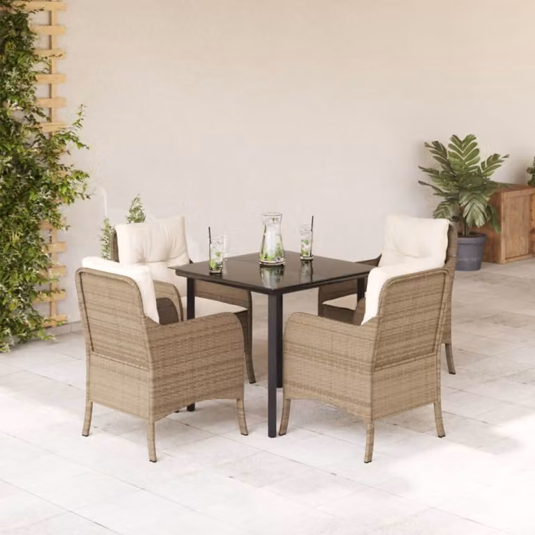 Set da Pranzo da Giardino vidaXL in Polyrattan con Cuscini Beige e Tavolo in Vetro per 5 Persone