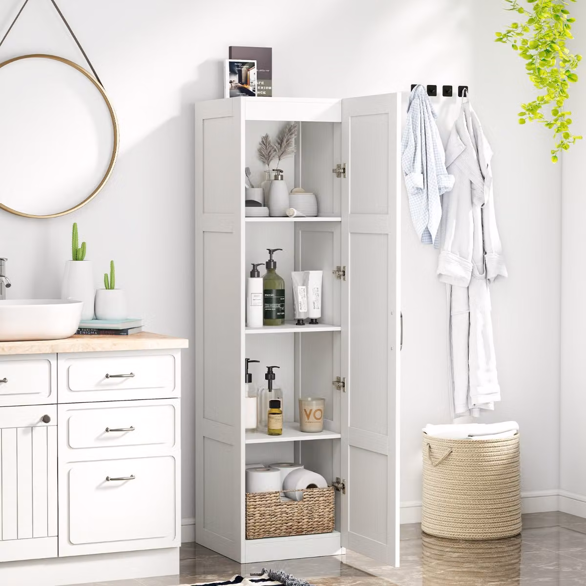 Costway Mobile da terra indipendente con 4 ripiani e ante a battente, Credenza moderna per cucina, sala da pranzo, soggiorno o bagno, Bianco L: 76,5 cm, P: 40 cm, H: 150 cm