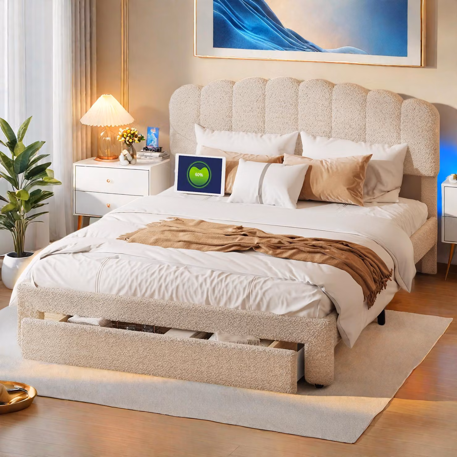 Letto imbottito ProximaX 160x200cm con USB e cassetti, letto matrimoniale letto per ragazzi con rete a doghe, letto in legno letto contenitore letto classico, lana di pecora, beige