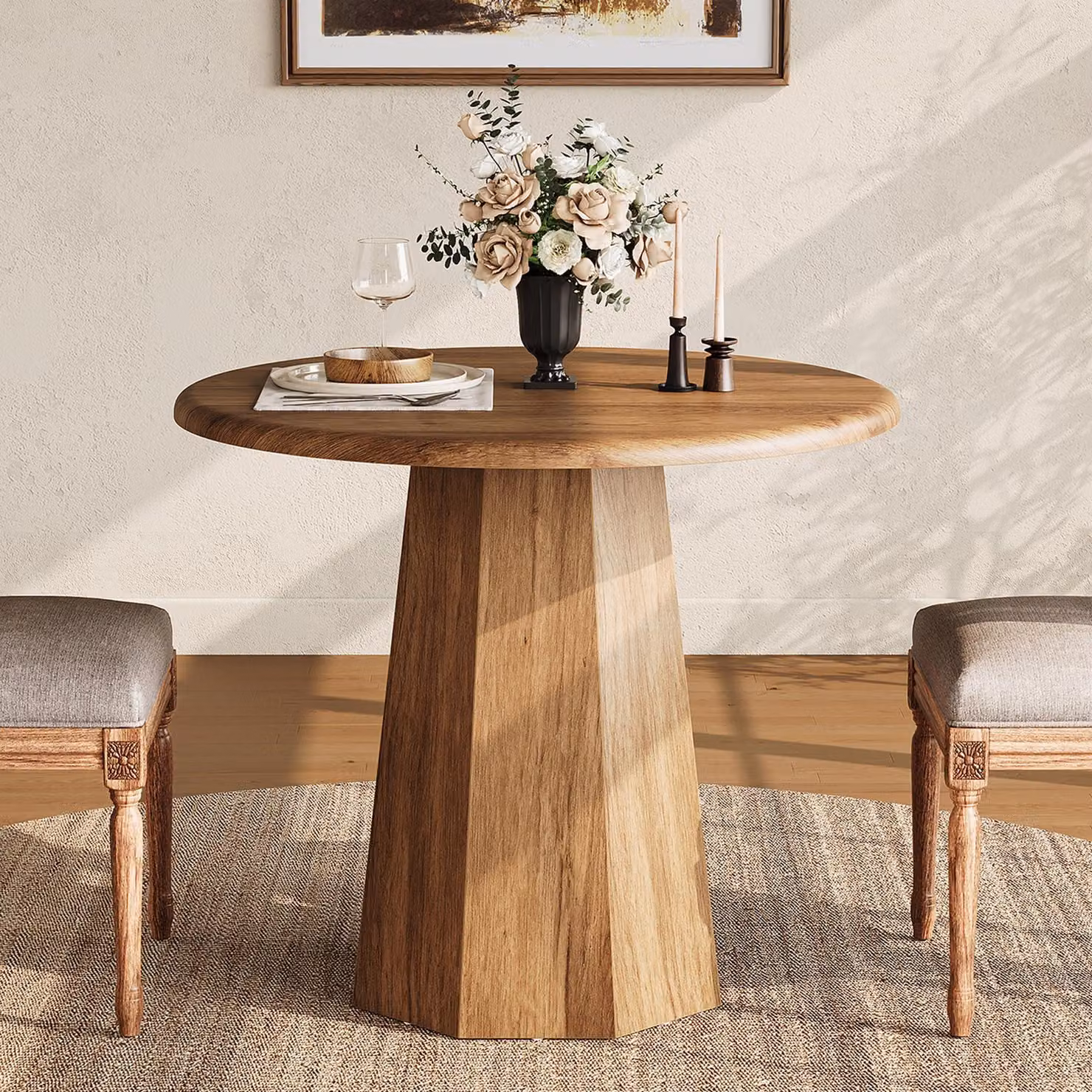 Tavolo da pranzo rotondo Tribesigns, tavolo da cucina in legno, piccolo tavolo da cucina per 2-4 persone, con piano in legno e struttura ottagonale per case, uffici, rovere marrone