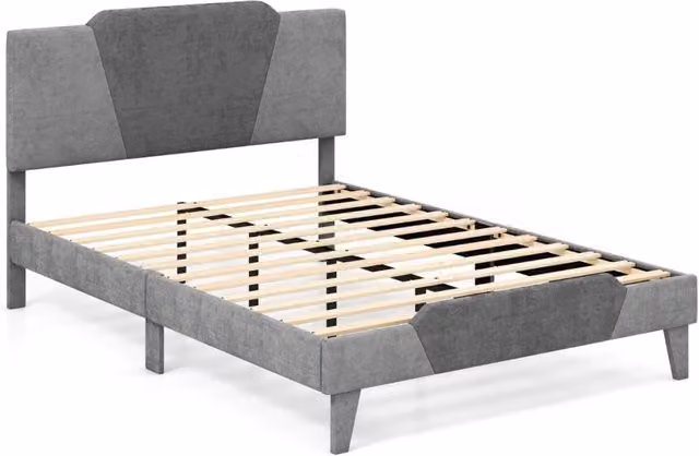 Letto matrimoniale con struttura imbottita testiera doghe in legno massello, Base per materasso 140x200cm Grigio