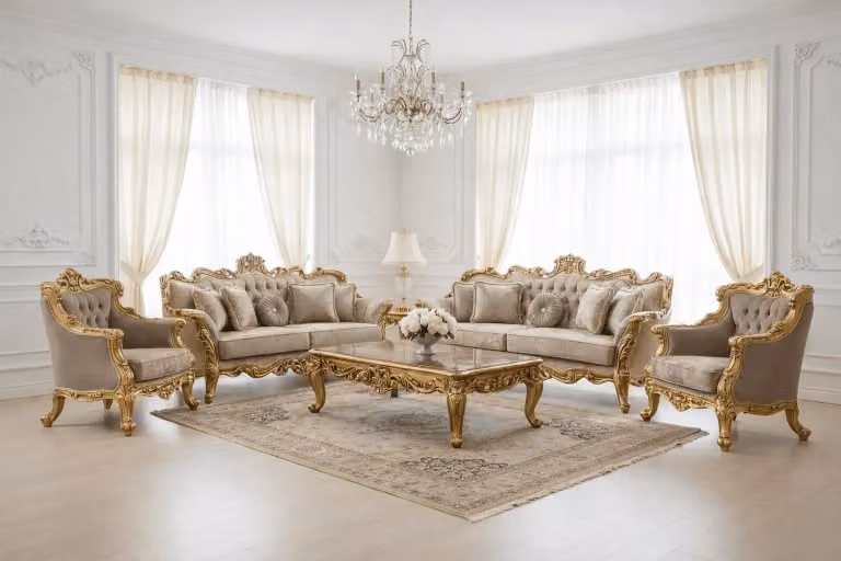 Elegante set da salotto composto da divani a 3+3+1+1 posti e tavolino abbinato