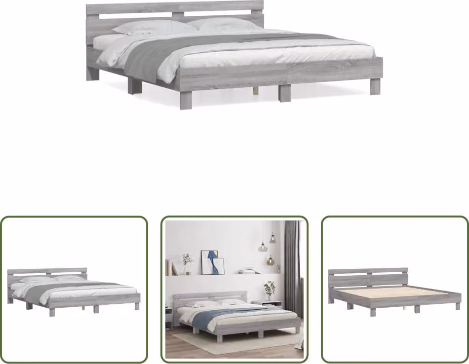 The Living Store Giroletto con testiera grigio Sonoma 200x200cm in materiale ligneo