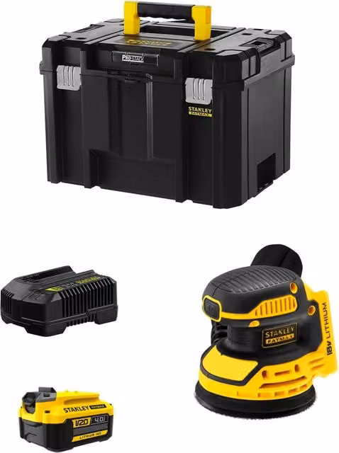 Levigatrice Roto-orbitale Stanley FatMax SFMCW220M1T Gialla con Batteria da 4,0 Ah, Caricabatteria e Valigetta TSTAK VI