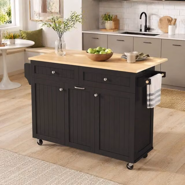 Isola da cucina mobile con piano estraibile e pieghevole; MDF; nero e naturale