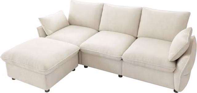Divano angolare moderno beige in chenille con pouf, 3 posti, 222,5 × 154,5 × 76,5 cm