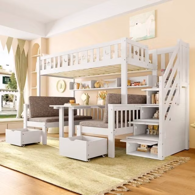 Letto a castello KOMHTOM per bambini in pino e MDF bianco con scrivania e scale L/P/H: 252,5 x 90 x 200 cm