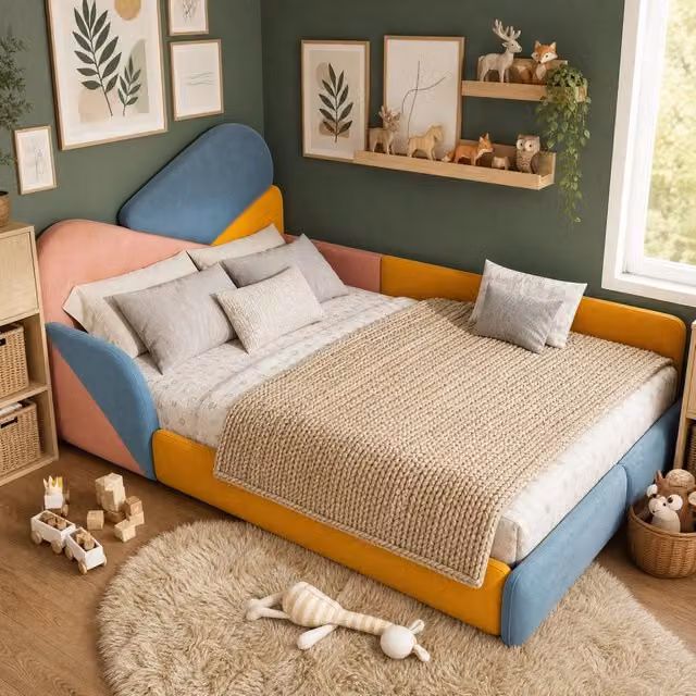 Letto imbottito per bambini 140x200 cm in velluto patchwork con sponde laterali HAVRYA