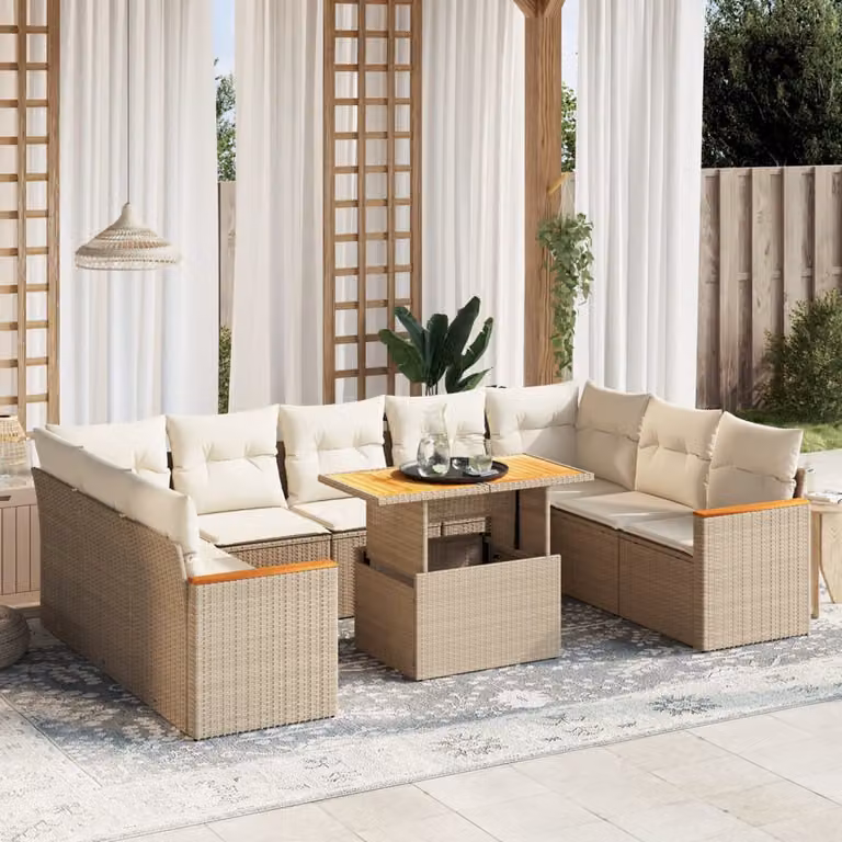 Set Divano da Giardino vidaXL 10 pz in Polyrattan con Cuscini Beige e Tavolino da Esterno