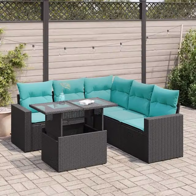 Set Divano da Giardino a L con Polyrattan e Cuscini vidaXL, 6 Pezzi, Nero – 1