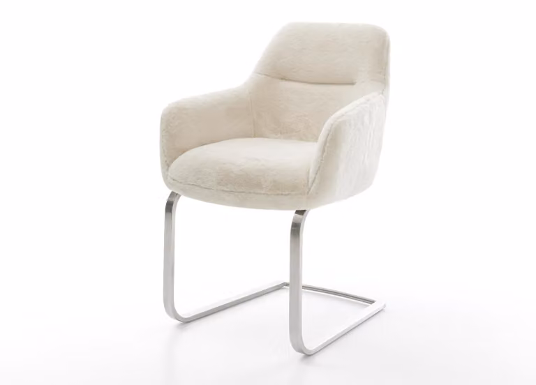 DELIFE Sedia a sbalzo Pejo-Flex in peluche bianco crema, con struttura piatta in acciaio inossidabile e molle insacchettate