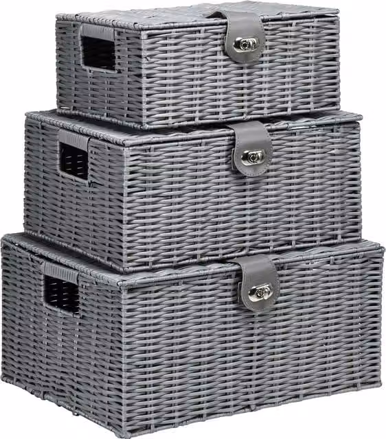 Set di 3 cesti in rattan e plastica con coperchio HOMCOM, colore grigio, soluzione versatile per l'ordine della casa – 1