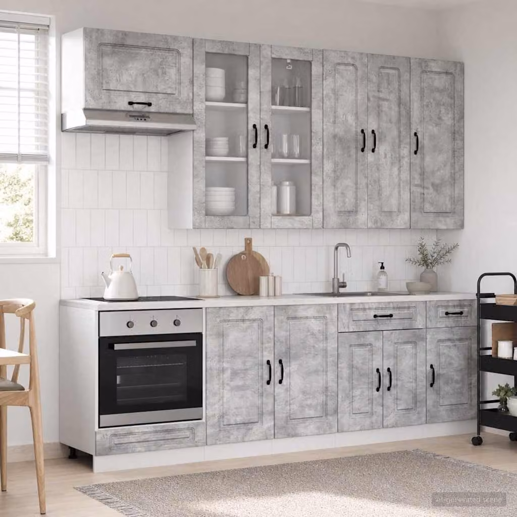Unità cucina moderna vidaXL KALMAR in 8 pezzi, colore grigio, con ante in vetro e cassetti, in MDF e legno ingegnerizzato