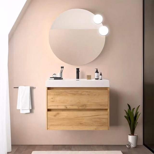 Mobile bagno sospeso 80 cm rovere africa con due cassetti e lavabo in resina Gaya