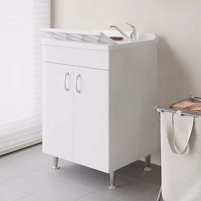 Mobile lavatoio Fedra Negrari in legno bianco con asse e kit di scarico incluso L: 60 cm, P: 50 cm, H: 85 cm