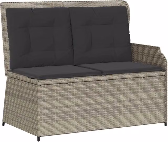 Panchina da giardino moderna in rattan e metallo con cuscino in tessuto, colore grigio chiaro