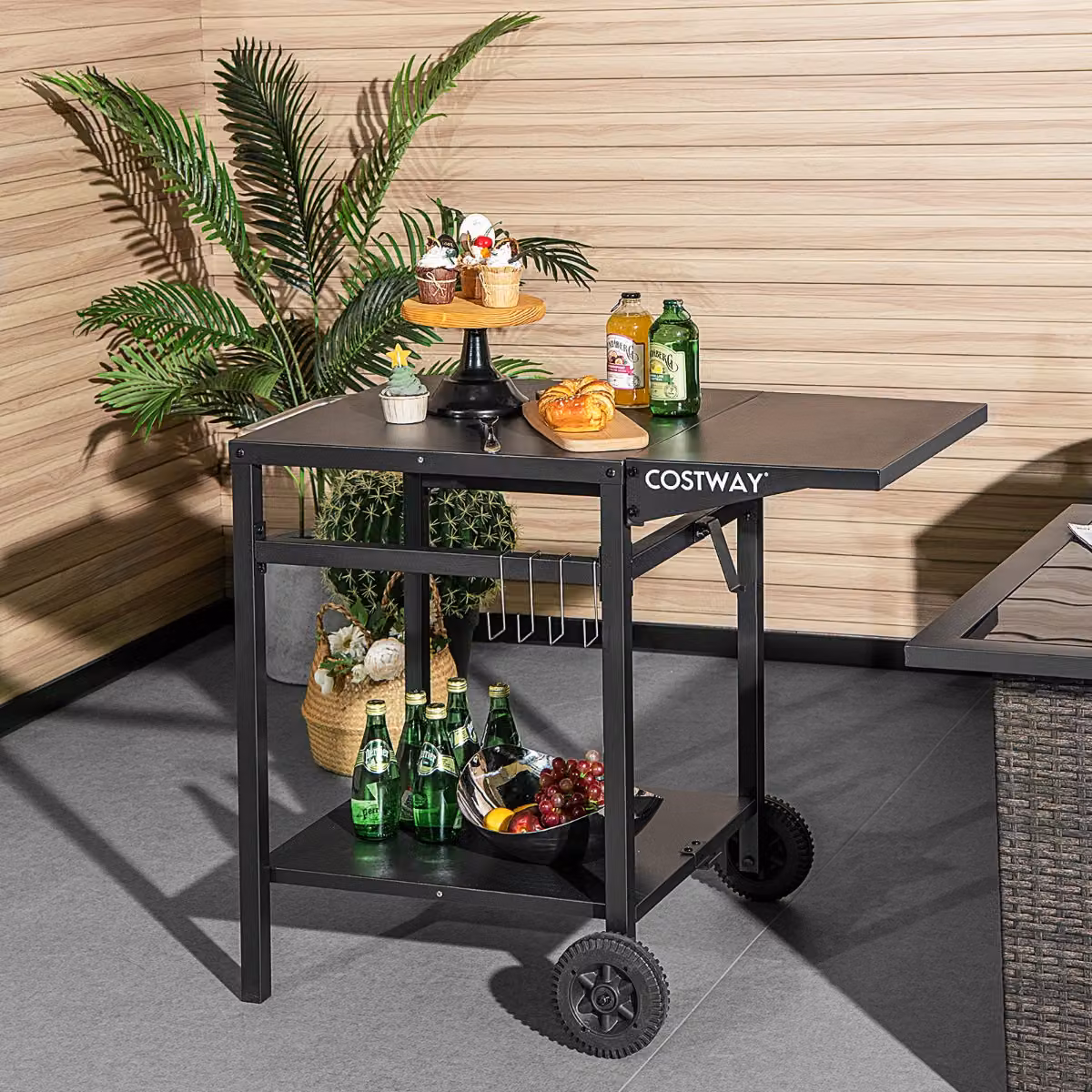 Carrello da cucina e preparazione per barbecue e forno da pizza Costway, colore nero, con 4 ganci e 2 ruote direzionali
