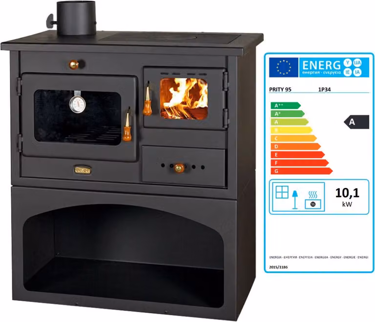 Stufa a legna Prity 1P34 – 10,1 kW, con forno e piastra in metallo, apertura a sinistra – Classe A