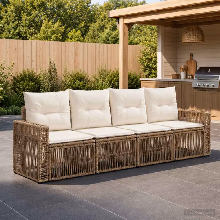 Set Divano da Giardino vidaXL 4 Pezzi in Polyrattan con Cuscini Beige e Bianco Crema