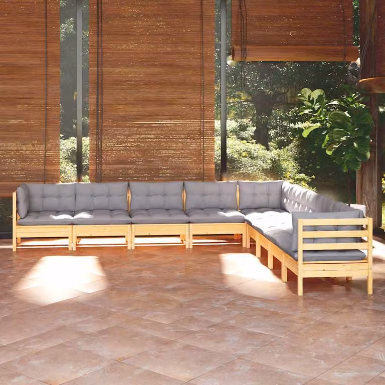 vidaXL Set Divani da Giardino a L in Legno Massello di Pino con Cuscini Grigi, 9 Pezzi