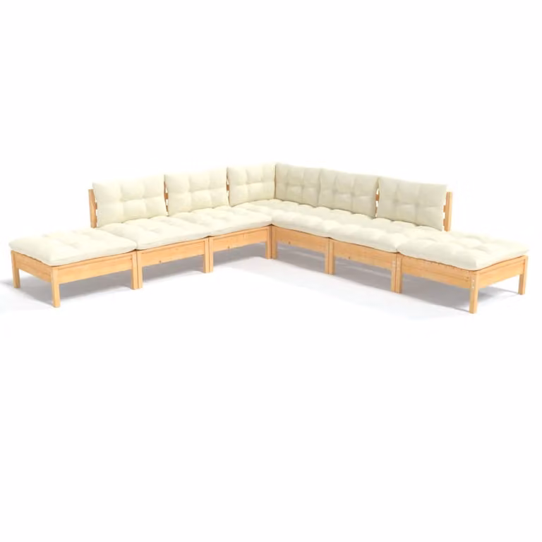Set Salotto da Giardino 7pz con Cuscini Crema in Legno di Pino