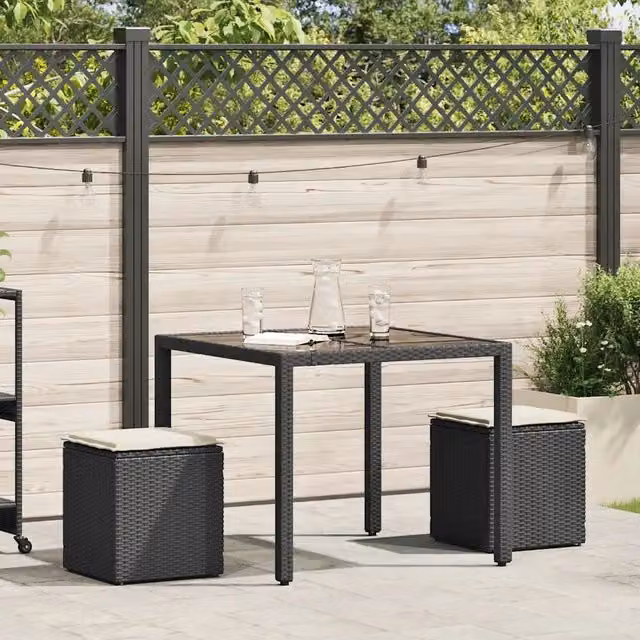 Set di 2 Sgabelli da Giardino Moderni in Polyrattan con Cuscini Nero DESIGN IN L/P/H: 40 x 40 x 43 cm
