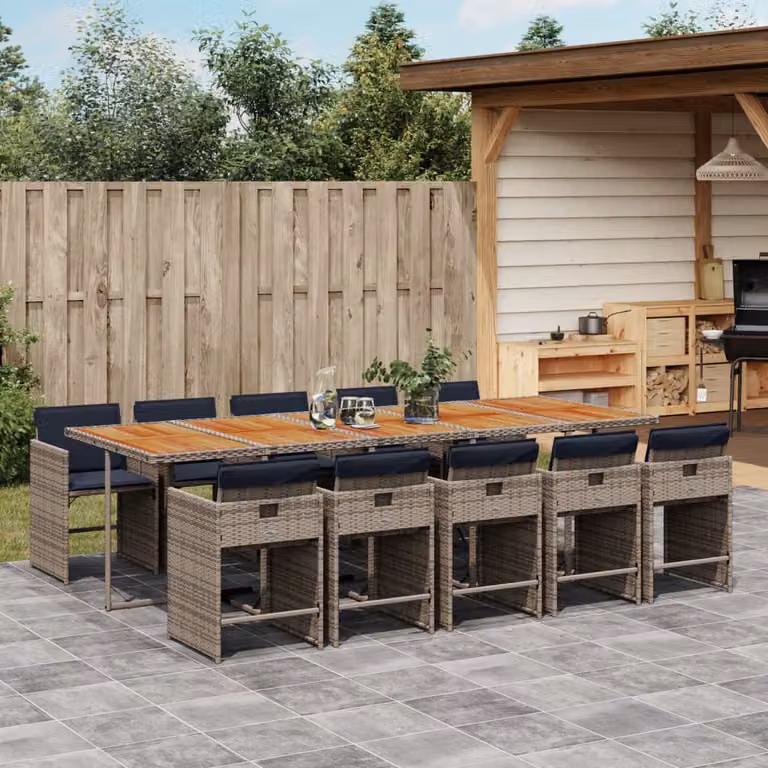 Set da pranzo da giardino vidaXL in polyrattan e legno di acacia con 11 pezzi e cuscini, grigio e marrone