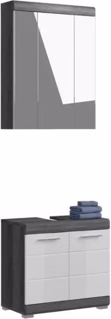 Set bagno SCOTT – Mobile sotto lavabo e mobiletto di storage con specchio – Grigio scuro e bianco