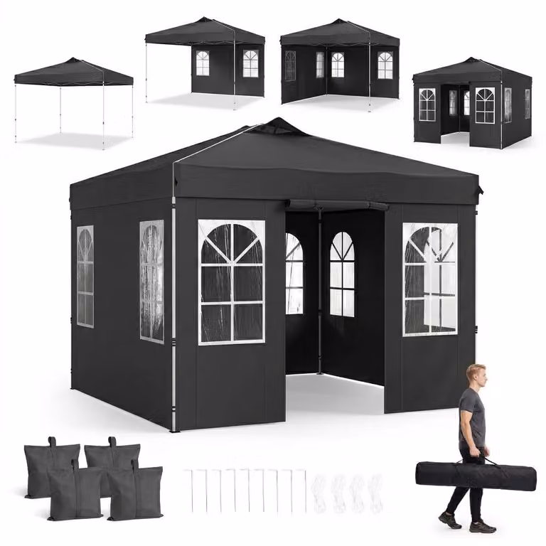 KOMFOTTEU, gazebo pop-up da giardino, dimensioni 3 x 3 metri, con 4 pareti laterali regolabili in altezza (colore: nero)