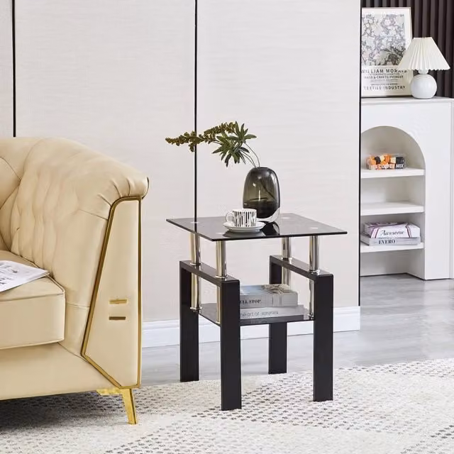 Tavolino basso fisso in vetro temperato nero con gambe tubolari in metallo 50.5 × 50.5 × 23.0 cm
