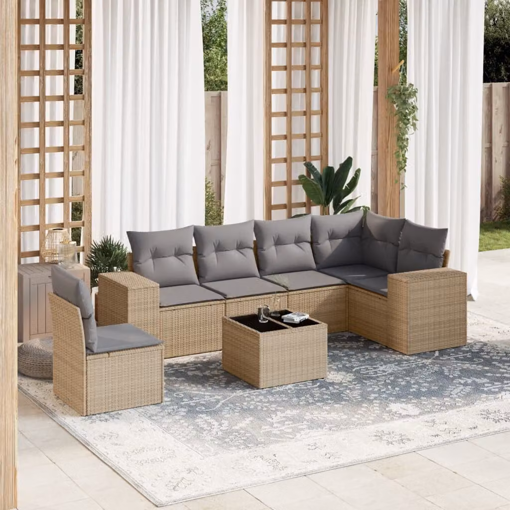 vidaXL Set Divani da Giardino a L 7 pz in Polyrattan con Cuscini Beige e Grigio – 1