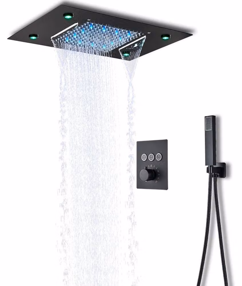 Doccia a pioggia con LED – Termostatica – Montaggio a soffitto, modello cascata e con telecomando – Nero opaco