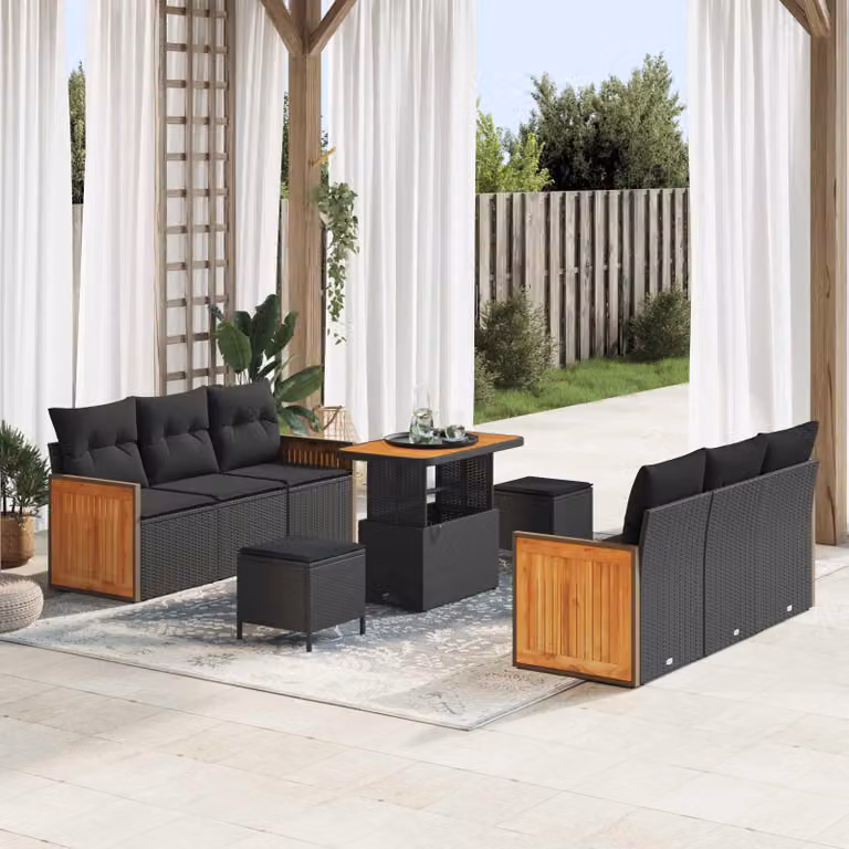Set Divano da Giardino vidaXL 9 Pezzi a Forma di U con Cuscini e Tavolino Nero