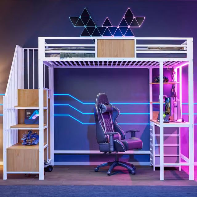 Letto a soppalco singolo MIVRAY in metallo e MDF bianco con scrivania, ripiani, appendiabiti, illuminazione LED e porta USB, L/P: 90 x 200 cm
