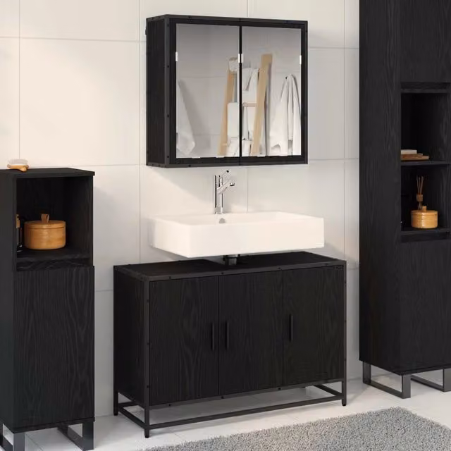 Set di mobili per il bagno vidaXL composto da mobile sottolavabo e armadietto con specchio, colore nero opaco, L 90 cm x P 33 cm x H 60 cm – 1