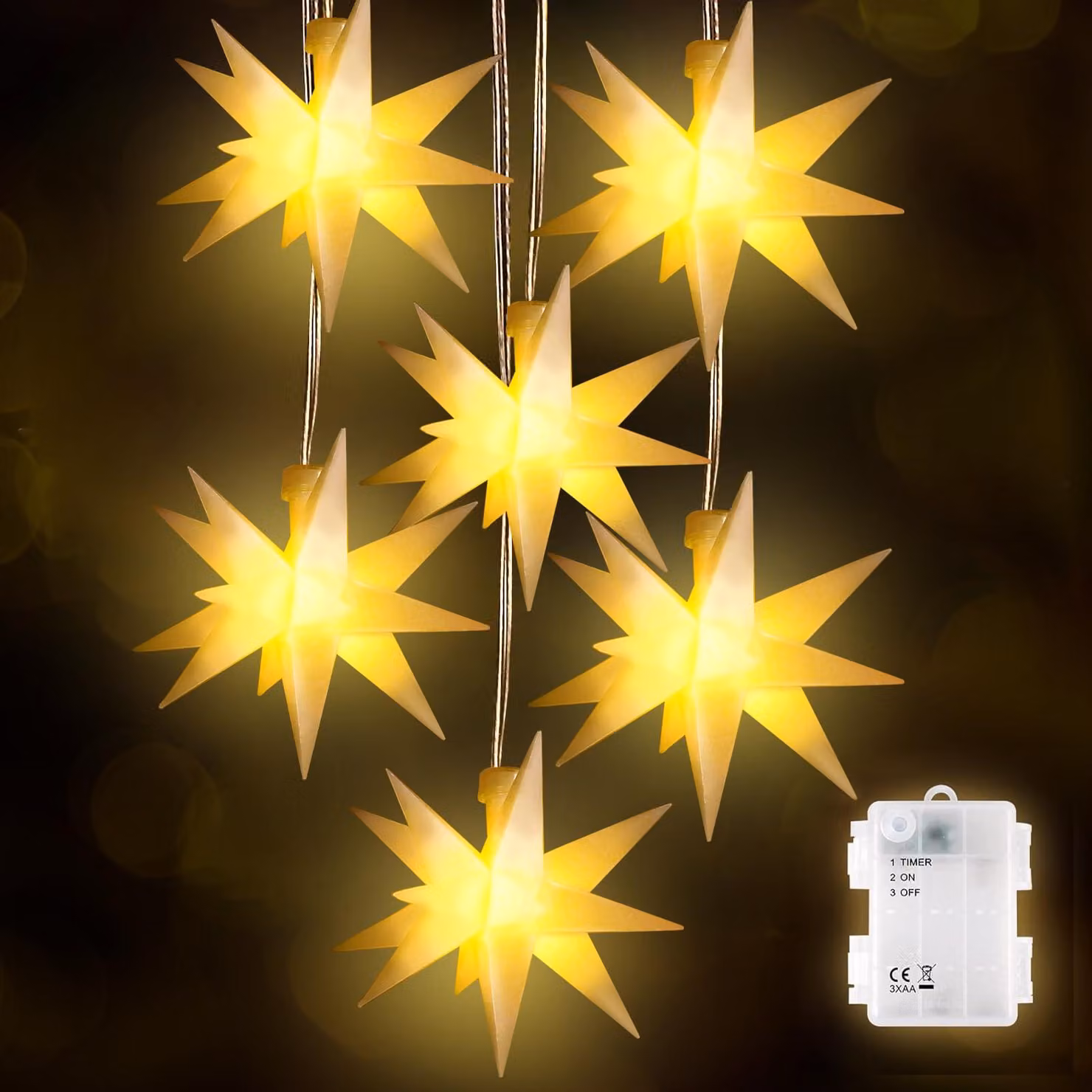 Set di 6 stelle decorative a LED, luce bianco caldo, effetto 3D, grado di protezione IP44, adatte per interni ed esterni