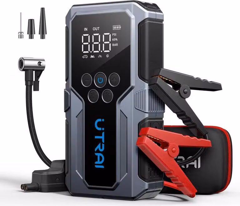 Powerbank per avviamento auto con compressore - JS-9 1500A - Corrente di picco 1500A - Pompa aria 150 PSI (10,3 bar) - Fino a 6,0 L di benzina/4,5 L di diesel - 18W QC2.0 - LED SOS - Argento