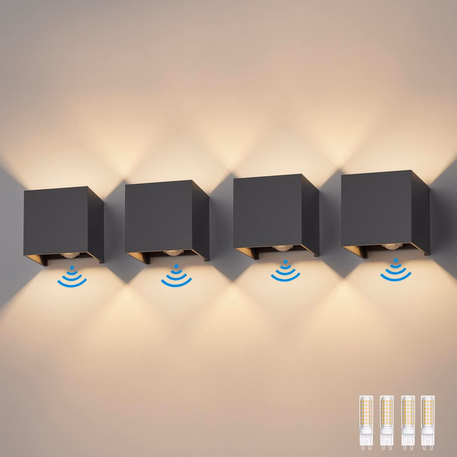 Lampada a LED da parete, confezione da 4, con sensore di movimento, 3000K, grigio scuro